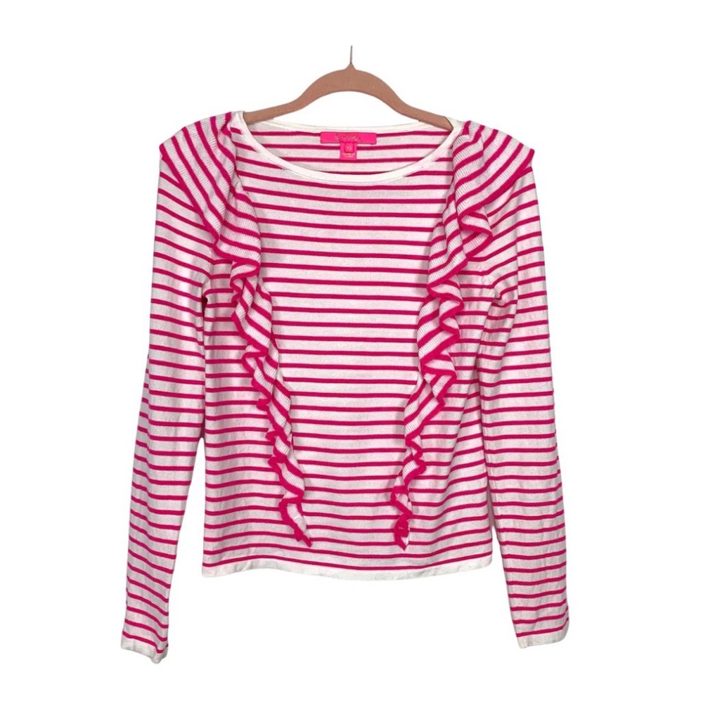 Lilly Pulitzer Ruth Sweater Pink &White Tango Beach Stripes Ruffle Detail Sz L